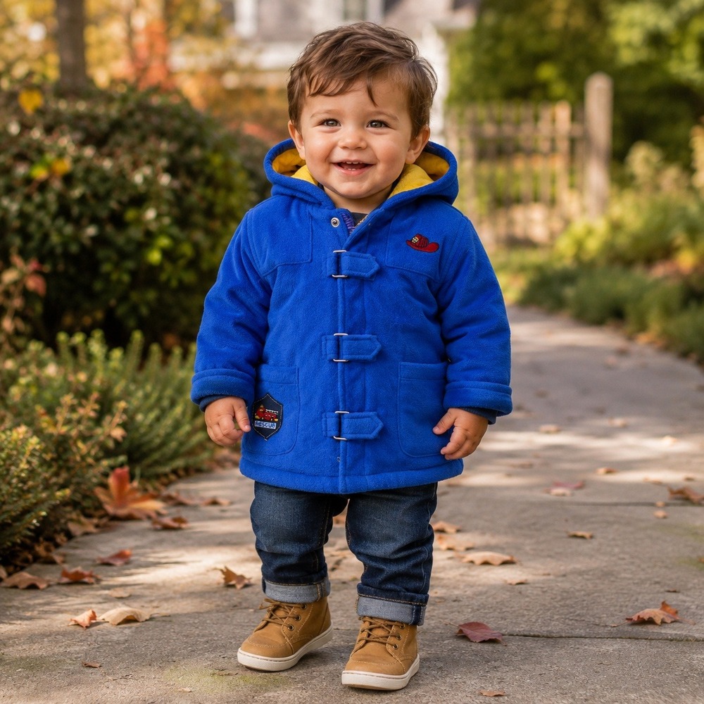 Little Me‎ Fleece Duffle Coat 18M Blue Fire Rescue Hooded Toggle